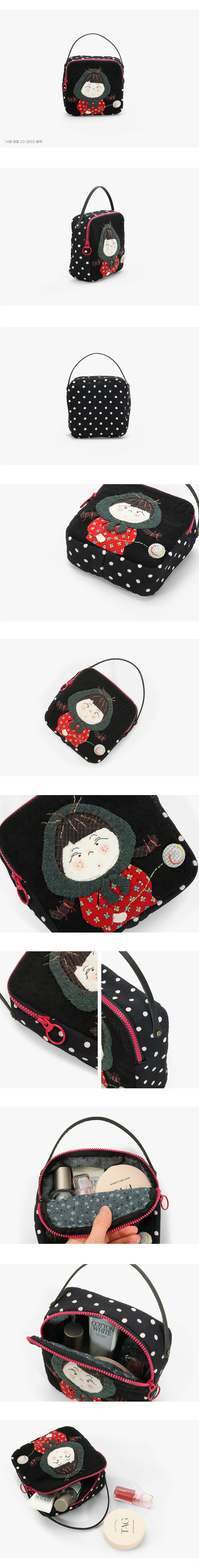 딸기소녀 핸들 파우치 제품컷 모음, 정면·측면·후면과 아플리케 디테일, 지퍼 라인과 내부 수납 공간