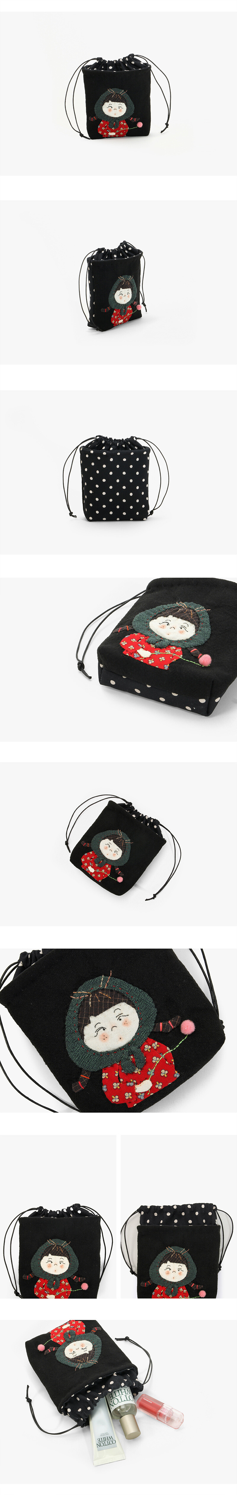 딸기소녀스트링파우치제품컷모음,정면측면후면,도트원단뒷면,조리개끈디테일,수납예시,아플리케자수디테일