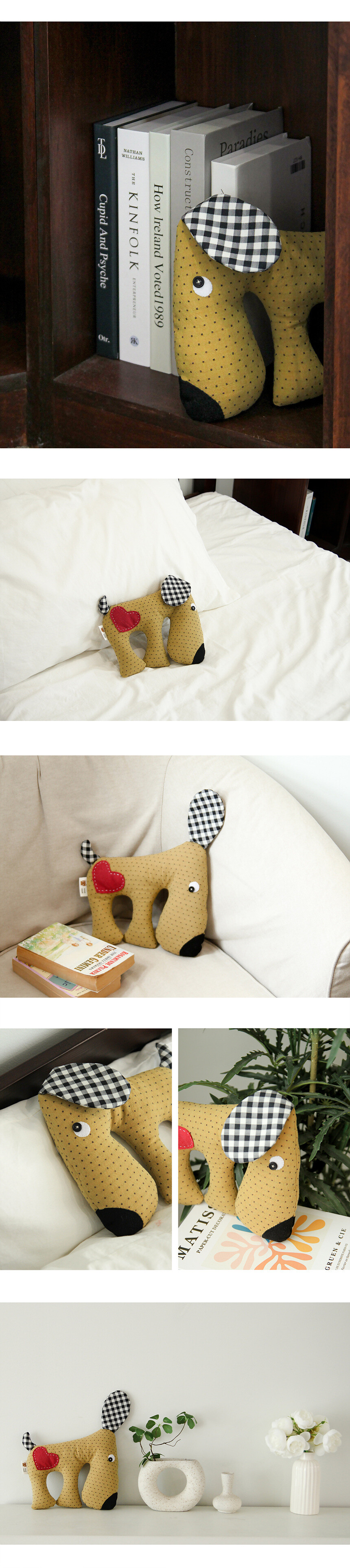 킁킁도그인형완성예시컷,손에든크기비교,강아지모양도트원단,빨간하트아플리케와검정코,체크귀꼬리디자인